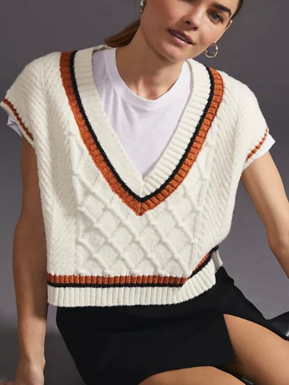 Anthropologie Maeve Willa Cable Knit V Neck Sweater Vest Ivory S